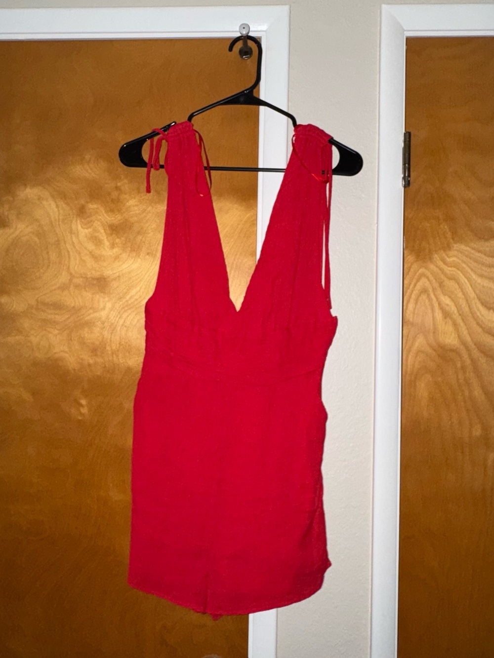 Red Deep V Tie-Shoulder Romper